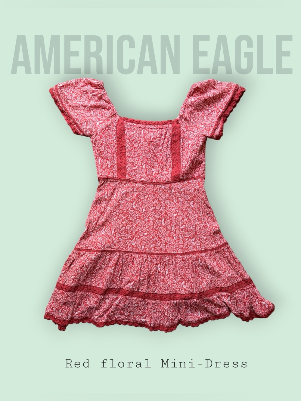 American Eagle Red & White Floral Tiered Lace-Trim Mini Dress - Medium